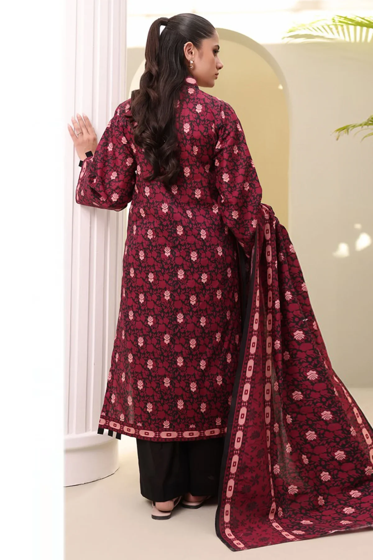 Deep Maroon Pakistani Unstitched Cambric 3PC Suit for Women IR-ZLDM3