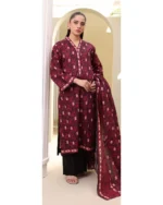 Deep Maroon Pakistani Unstitched Cambric 3PC Suit for Women IR-ZLDM3