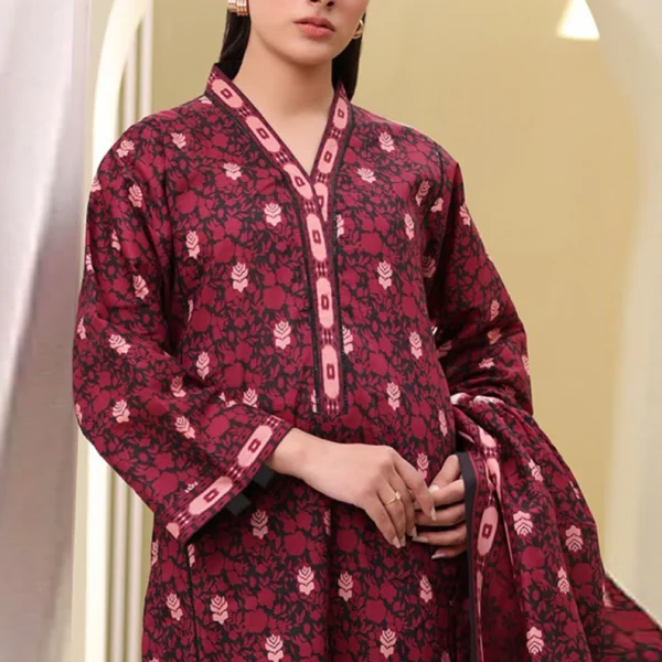Deep Maroon Pakistani Unstitched Cambric 3PC Suit for Women IR-ZLDM3