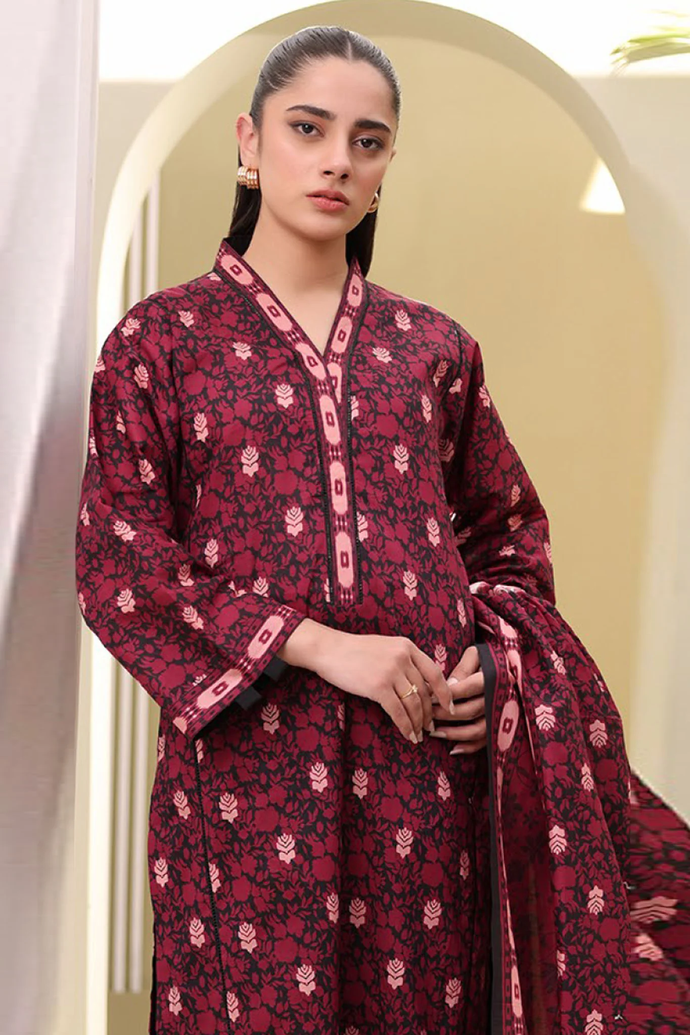 Deep Maroon Pakistani Unstitched Cambric 3PC Suit for Women IR-ZLDM3