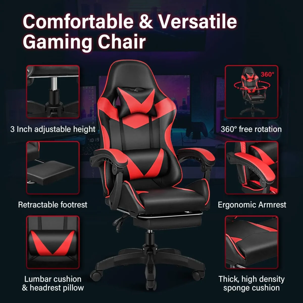 Gaming Chair – Ergonomic Reclining Chair for Office & Home with PU Leather, Lumbar Support & Footrest IB-GC05M