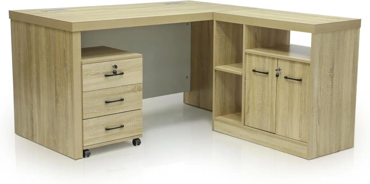Modern Office Desk with 3 Lockable Drawers – Beach White Executive Workstation Table IB-MOF03