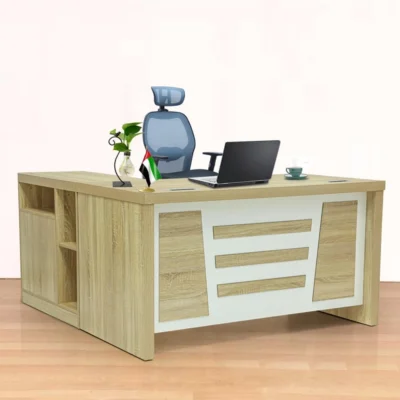 Modern Office Desk with 3 Lockable Drawers – Beach White Executive Workstation Table IB-MOF03