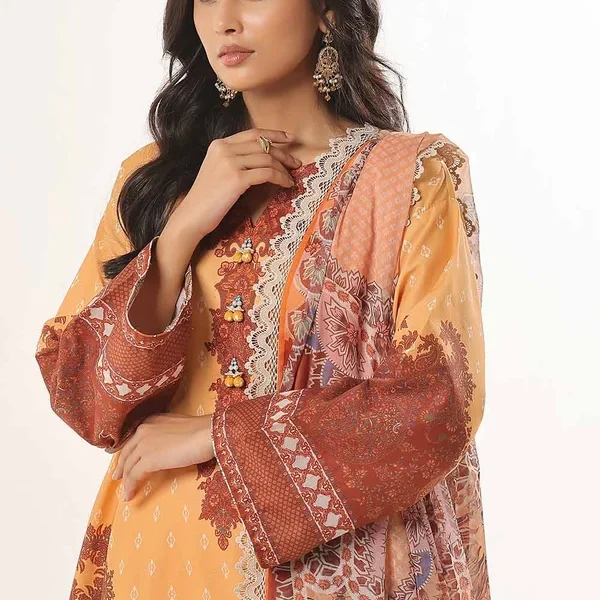 Pakistani Unstitched Golden Mustard Printed Lawn 3PC Suit for Women IR-ZLGM3
