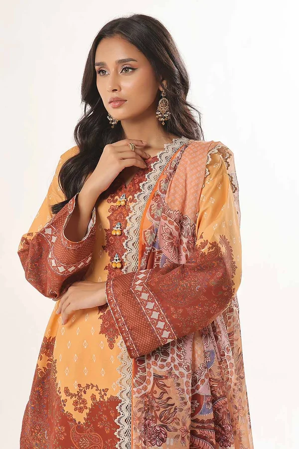 Pakistani Unstitched Golden Mustard Printed Lawn 3PC Suit for Women IR-ZLGM3