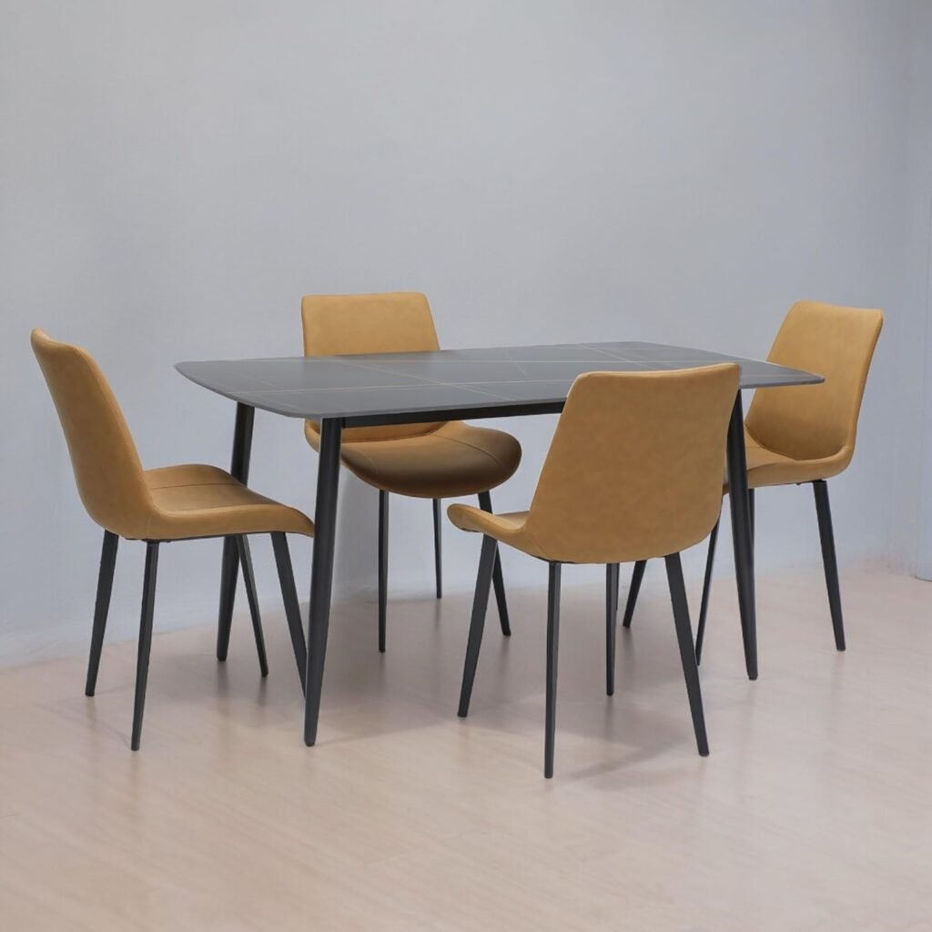 Dining Table Set – Modern Marble Top Table with 4 PU Leather Chairs IB-DTS4S