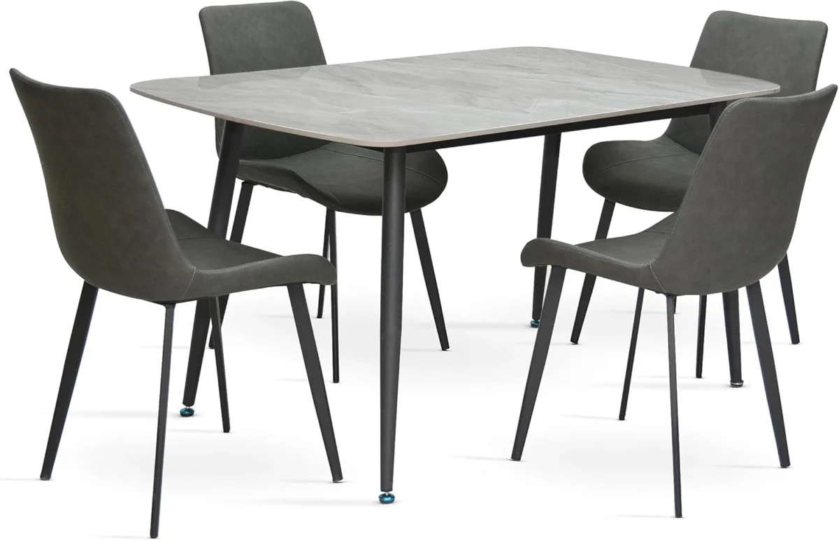 Grey Marble 4-Seater Dining Table Set – Modern Steel Legs & Sintered Stone Top with PVC Leather Chairs IB-GMD4S