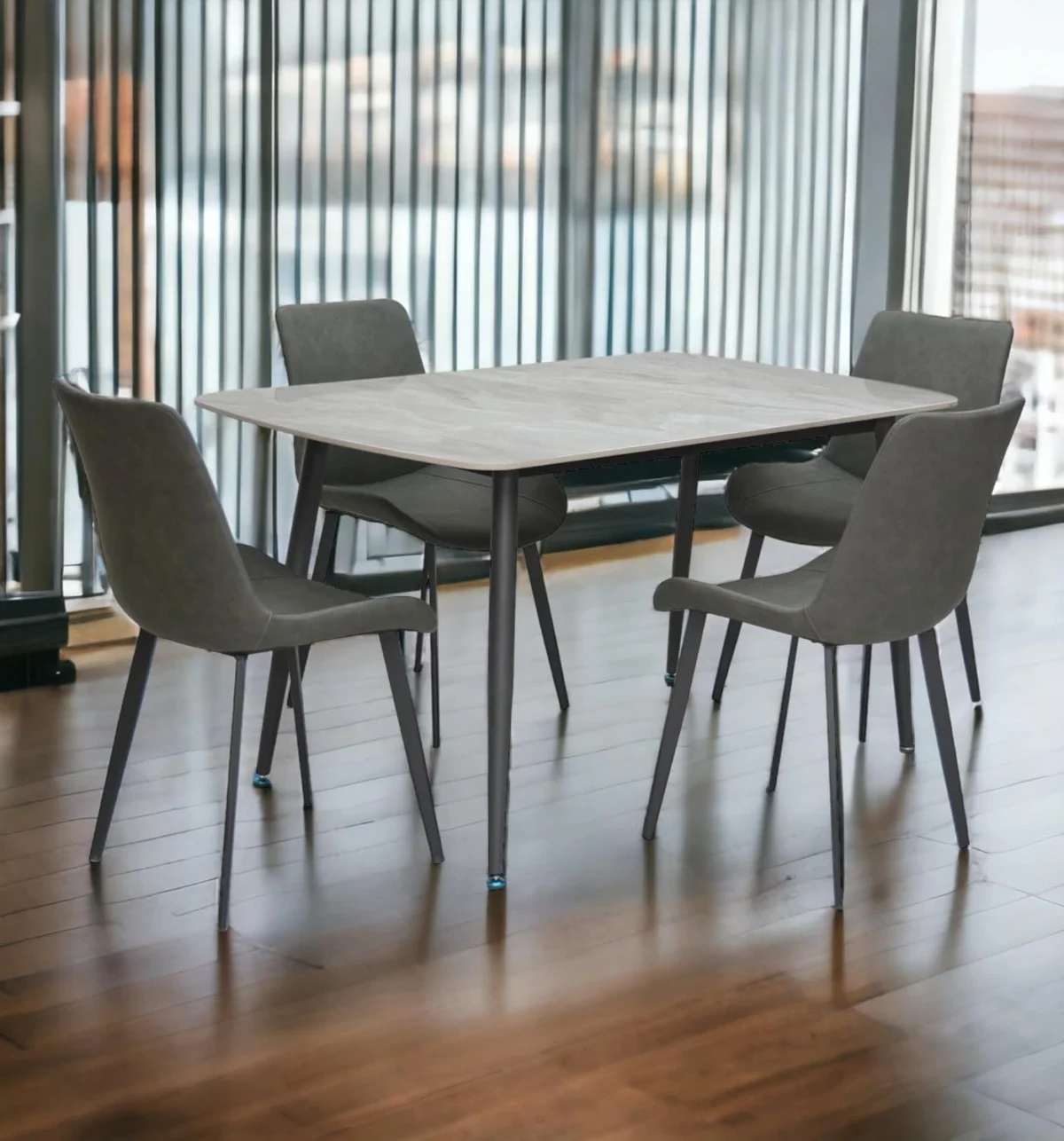 Grey Marble 4-Seater Dining Table Set – Modern Steel Legs & Sintered Stone Top with PVC Leather Chairs IB-GMD4S