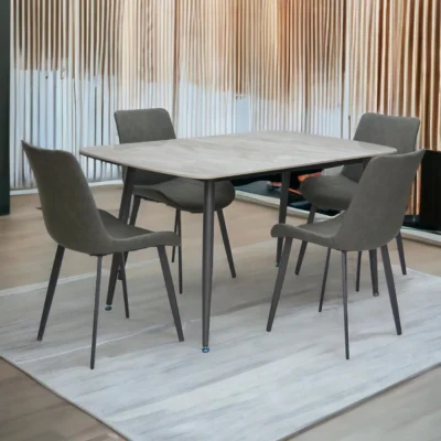 Grey Marble 4-Seater Dining Table Set – Modern Steel Legs & Sintered Stone Top with PVC Leather Chairs IB-GMD4S