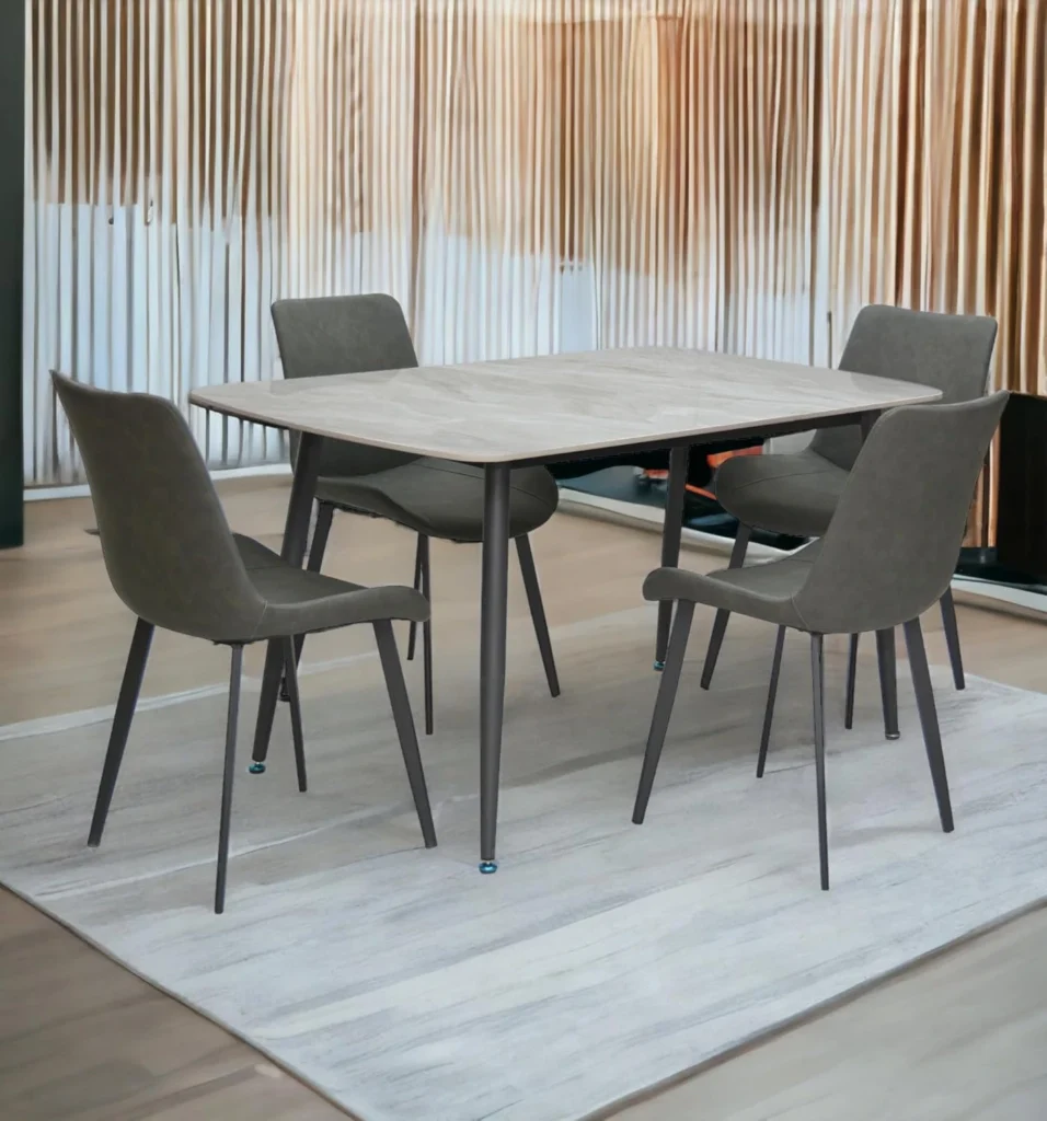 Grey Marble 4-Seater Dining Table Set – Modern Steel Legs & Sintered Stone Top with PVC Leather Chairs IB-GMD4S