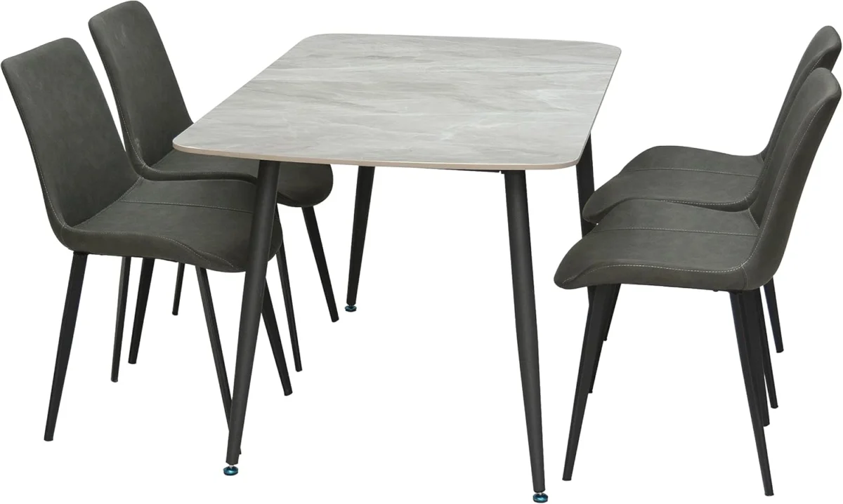 Grey Marble 4-Seater Dining Table Set – Modern Steel Legs & Sintered Stone Top with PVC Leather Chairs IB-GMD4S