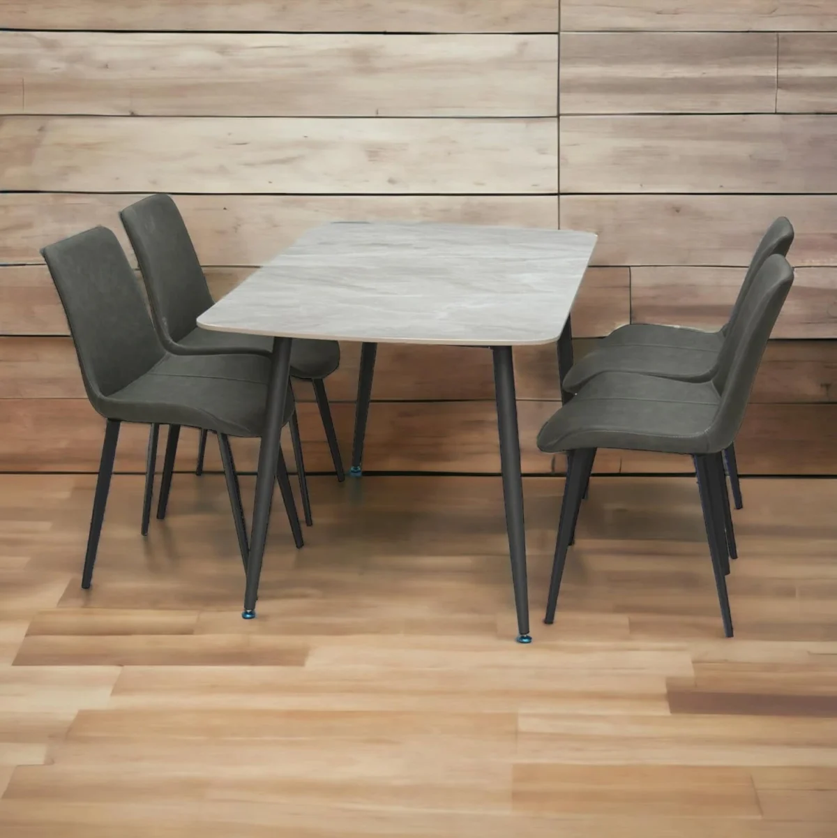 Grey Marble 4-Seater Dining Table Set – Modern Steel Legs & Sintered Stone Top with PVC Leather Chairs IB-GMD4S
